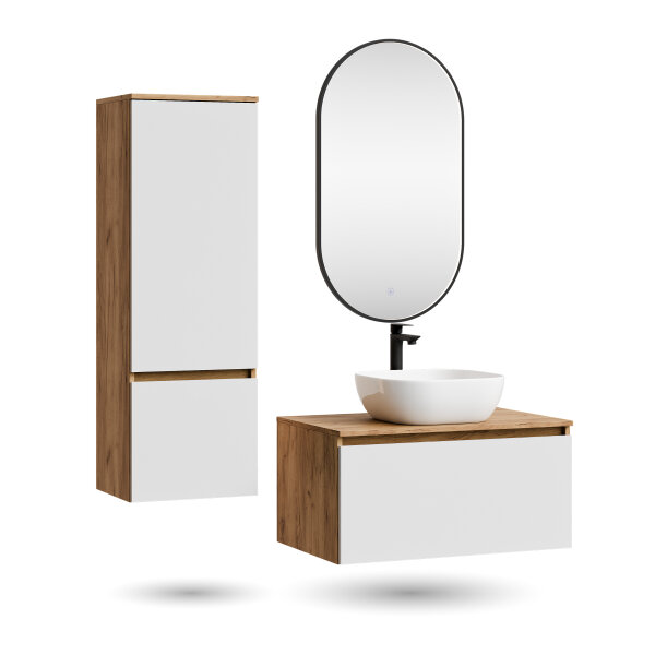 ARISA Badmöbel Set inkl. Hochschrank in Weiß - mit "Glora" LED Spiegel und weißem Keramik-Aufsatzwaschbecken 42 cm