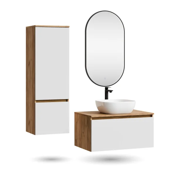 ARISA Bathroom Furniture Set, including a tall cabinet in white—with a "Glora" LED mirror and a white ceramic countertop sink (42 cm)