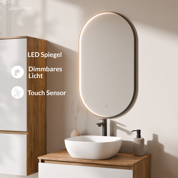 ARISA Badmöbel Set inkl. Hochschrank in Weiß - mit "Glora" LED Spiegel und schwarzem Keramik-Aufsatzwaschbecken 55 cm