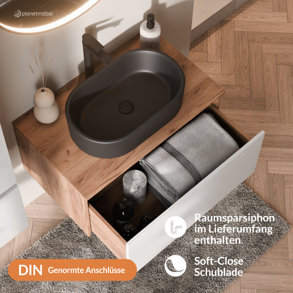 ARISA Badmöbel Set inkl. Hochschrank in Weiß - mit "Glora" LED Spiegel und schwarzem Keramik-Aufsatzwaschbecken 55 cm