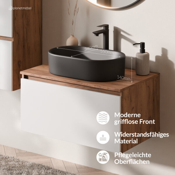 ARISA Badmöbel Set inkl. Hochschrank in Weiß - mit "Glora" LED Spiegel und schwarzem Keramik-Aufsatzwaschbecken 55 cm