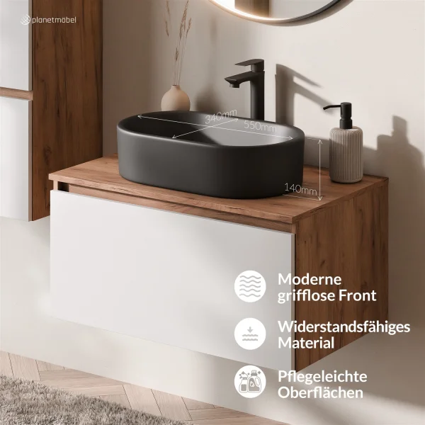 ARISA Badmöbel Set inkl. Hochschrank in Weiß - mit "Glora" LED Spiegel und schwarzem Keramik-Aufsatzwaschbecken 55 cm