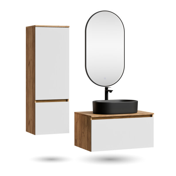 ARISA Badmöbel Set inkl. Hochschrank in Weiß - mit "Glora" LED Spiegel und schwarzem Keramik-Aufsatzwaschbecken 55 cm