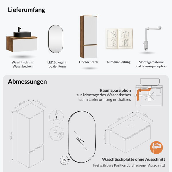 ARISA Badmöbel Set inkl. Hochschrank in Weiß - mit "Glora" LED Spiegel und schwarzem Keramik-Aufsatzwaschbecken 55 cm