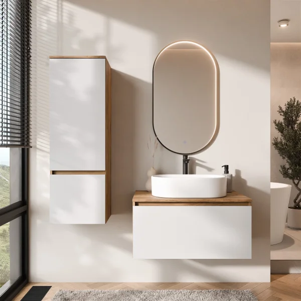 ARISA Bathroom Furniture Set, including a tall cabinet in white—with a "Glora" LED mirror and a white ceramic countertop sink (55 cm)