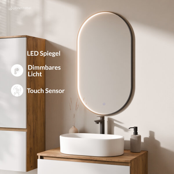 ARISA Badmöbel Set inkl. Hochschrank in Weiß - mit "Glora" LED Spiegel und weißem Keramik-Aufsatzwaschbecken 55 cm