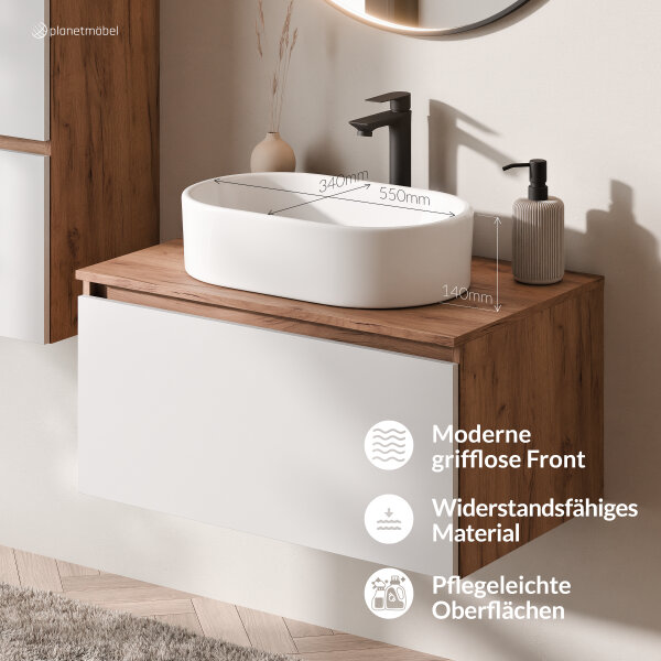 ARISA Badmöbel Set inkl. Hochschrank in Weiß - mit "Glora" LED Spiegel und weißem Keramik-Aufsatzwaschbecken 55 cm