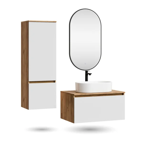 ARISA Bathroom Furniture Set, including a tall cabinet in white—with a "Glora" LED mirror and a white ceramic countertop sink (55 cm)
