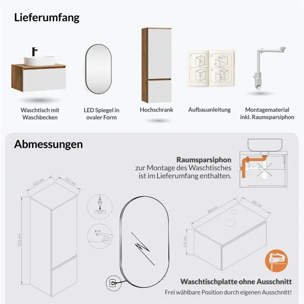 ARISA Bathroom Furniture Set, including a tall cabinet in white—with a "Glora" LED mirror and a white ceramic countertop sink (55 cm)
