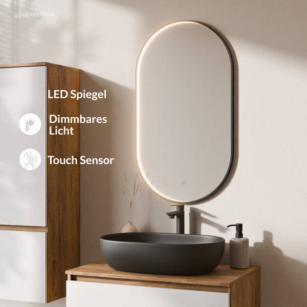 ARISA Badmöbel Set inkl. Hochschrank in Weiß - mit "Glora" LED Spiegel und schwarzem Keramik-Aufsatzwaschbecken 60 cm