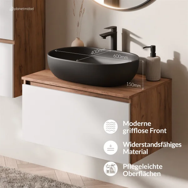 ARISA Badmöbel Set inkl. Hochschrank in Weiß - mit "Glora" LED Spiegel und schwarzem Keramik-Aufsatzwaschbecken 60 cm