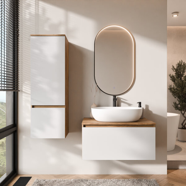 ARISA Badmöbel Set inkl. Hochschrank in Weiß - mit "Glora" LED Spiegel und weißem Keramik-Aufsatzwaschbecken 60 cm