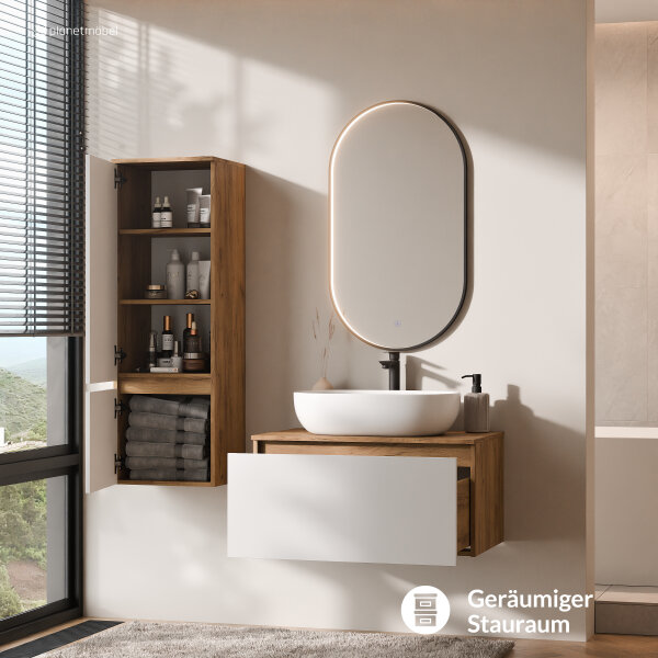 ARISA Badmöbel Set inkl. Hochschrank in Weiß - mit "Glora" LED Spiegel und weißem Keramik-Aufsatzwaschbecken 60 cm