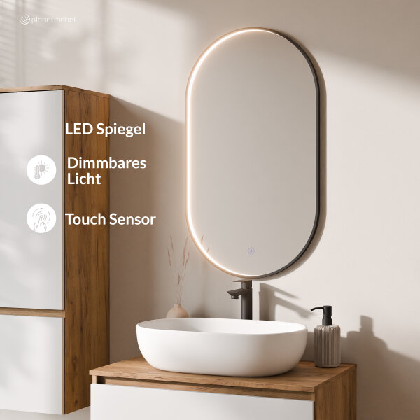 ARISA Badmöbel Set inkl. Hochschrank in Weiß - mit "Glora" LED Spiegel und weißem Keramik-Aufsatzwaschbecken 60 cm