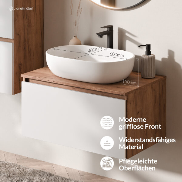 ARISA Badmöbel Set inkl. Hochschrank in Weiß - mit "Glora" LED Spiegel und weißem Keramik-Aufsatzwaschbecken 60 cm