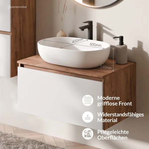 ARISA Badmöbel Set inkl. Hochschrank in Weiß - mit "Glora" LED Spiegel und weißem Keramik-Aufsatzwaschbecken 60 cm