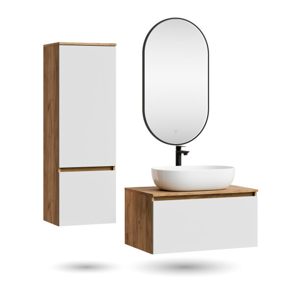 ARISA Badmöbel Set inkl. Hochschrank in Weiß - mit "Glora" LED Spiegel und weißem Keramik-Aufsatzwaschbecken 60 cm