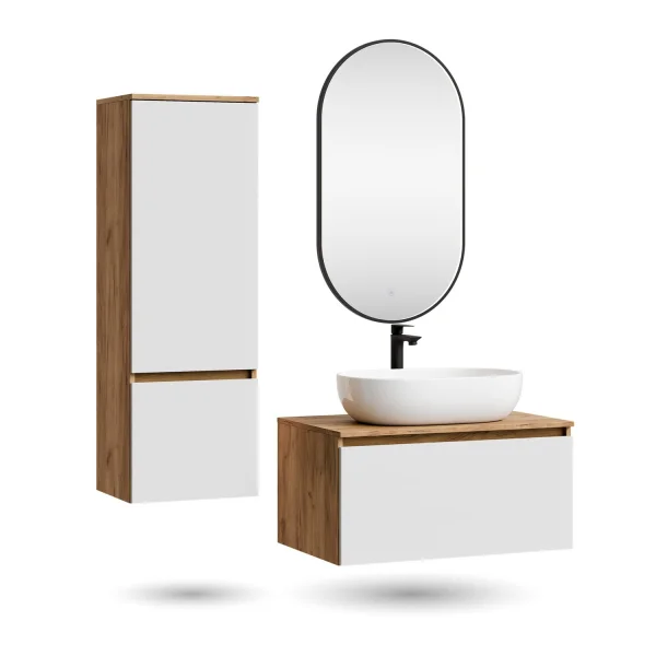 ARISA Badmöbel Set inkl. Hochschrank in Weiß - mit "Glora" LED Spiegel und weißem Keramik-Aufsatzwaschbecken 60 cm