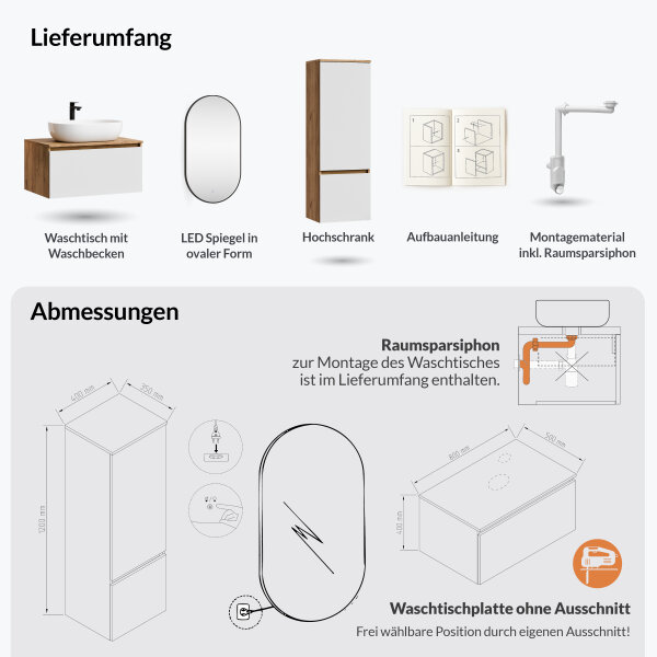ARISA Badmöbel Set inkl. Hochschrank in Weiß - mit "Glora" LED Spiegel und weißem Keramik-Aufsatzwaschbecken 60 cm