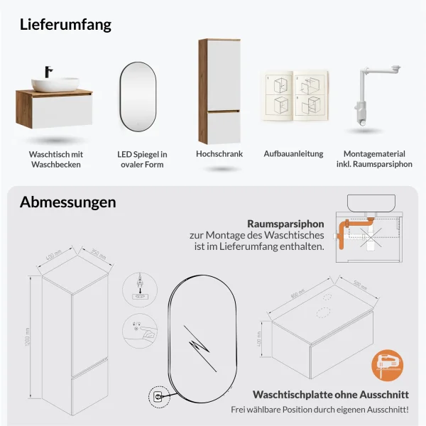 ARISA Badmöbel Set inkl. Hochschrank in Weiß - mit "Glora" LED Spiegel und weißem Keramik-Aufsatzwaschbecken 60 cm