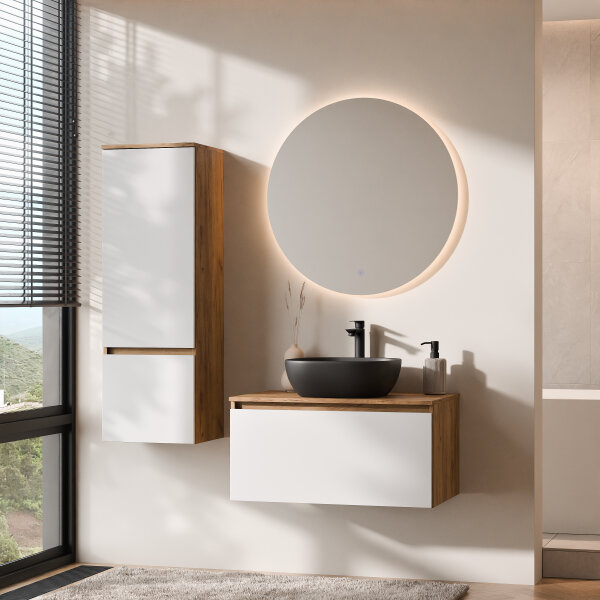 ARISA Badmöbel Set inkl. Hochschrank in Weiß – Mit Nova LED Spiegel und schwarzem Keramik-Aufsatzwaschbecken 42 cm