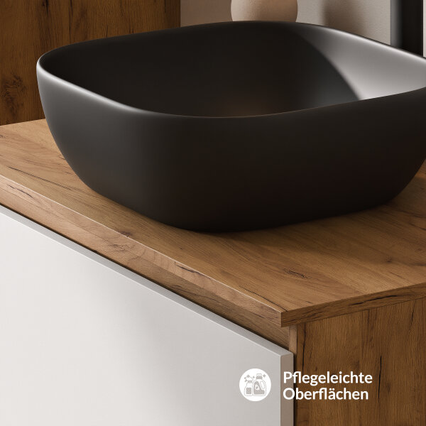 ARISA Badmöbel Set inkl. Hochschrank in Weiß – Mit Nova LED Spiegel und schwarzem Keramik-Aufsatzwaschbecken 42 cm