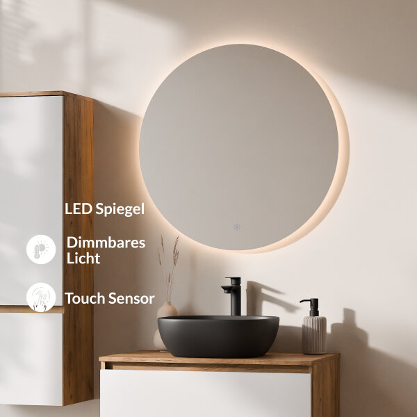 ARISA Badmöbel Set inkl. Hochschrank in Weiß – Mit Nova LED Spiegel und schwarzem Keramik-Aufsatzwaschbecken 42 cm