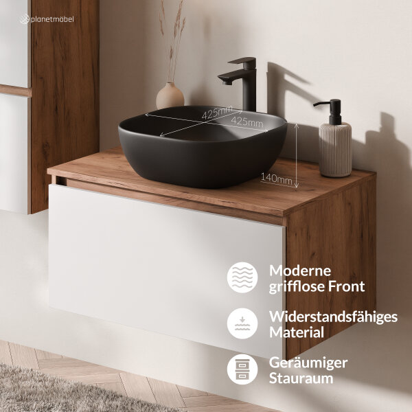 ARISA Badmöbel Set inkl. Hochschrank in Weiß – Mit Nova LED Spiegel und schwarzem Keramik-Aufsatzwaschbecken 42 cm