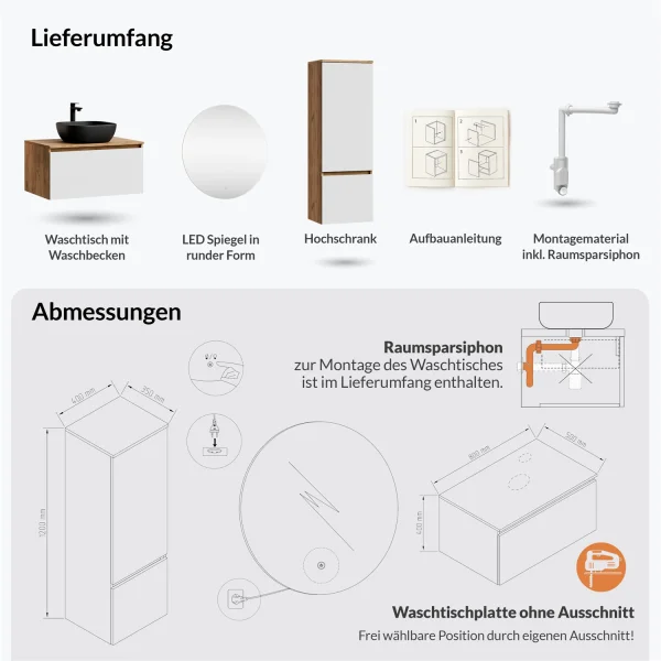 Ensemble de meubles de salle de bains ARISA avec armoire haute blanche – Avec miroir Nova à LED et lavabo à poser en céramique noire de 42 cm