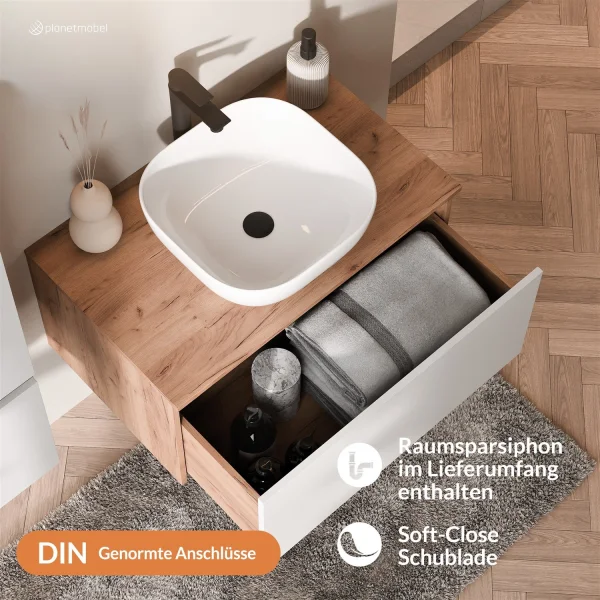 Ensemble de meubles de salle de bains ARISA avec armoire haute blanche – Avec miroir Nova à LED et lavabo à poser en céramique blanche de 42 cm