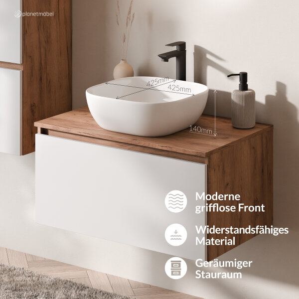 ARISA Badmöbel Set inkl. Hochschrank in Weiß – Mit Nova LED Spiegel und weißem Keramik-Aufsatzwaschbecken 42 cm