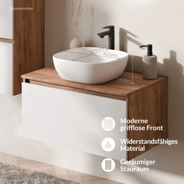 Ensemble de meubles de salle de bains ARISA avec armoire haute blanche – Avec miroir Nova à LED et lavabo à poser en céramique blanche de 42 cm