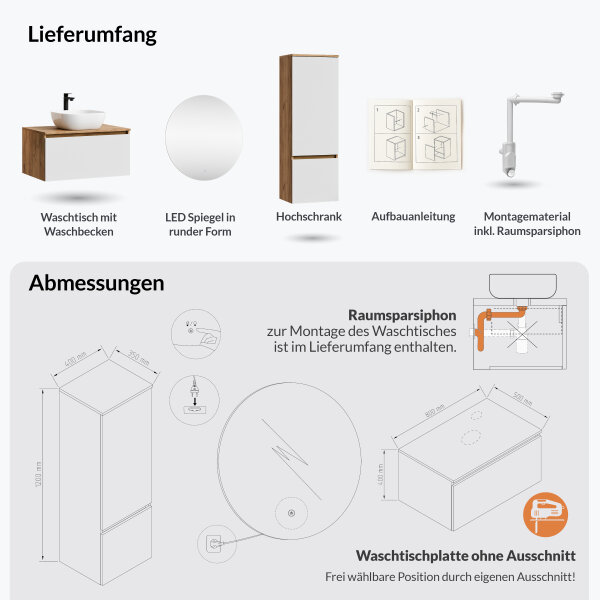 ARISA Badmöbel Set inkl. Hochschrank in Weiß – Mit Nova LED Spiegel und weißem Keramik-Aufsatzwaschbecken 42 cm