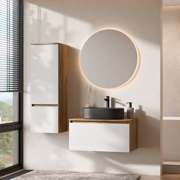 ARISA Badmöbel Set inkl. Hochschrank in Weiß – Mit Nova LED Spiegel und schwarzem Keramik-Aufsatzwaschbecken 55 cm
