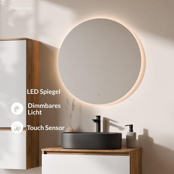 ARISA Badmöbel Set inkl. Hochschrank in Weiß – Mit Nova LED Spiegel und schwarzem Keramik-Aufsatzwaschbecken 55 cm