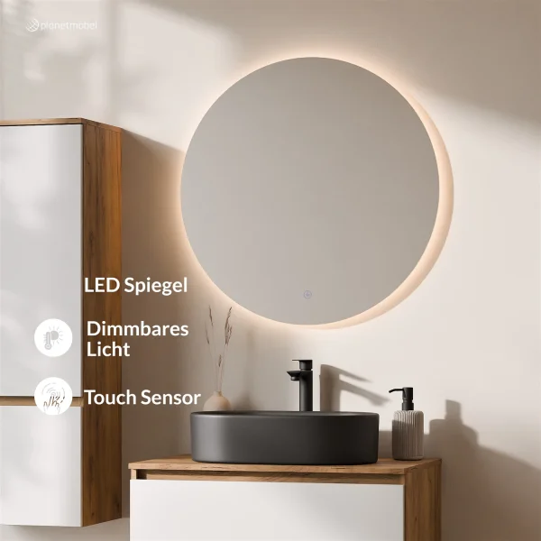 Ensemble de meubles de salle de bains ARISA avec armoire haute blanche – Avec miroir LED Nova et lavabo à poser en céramique noire de 55 cm