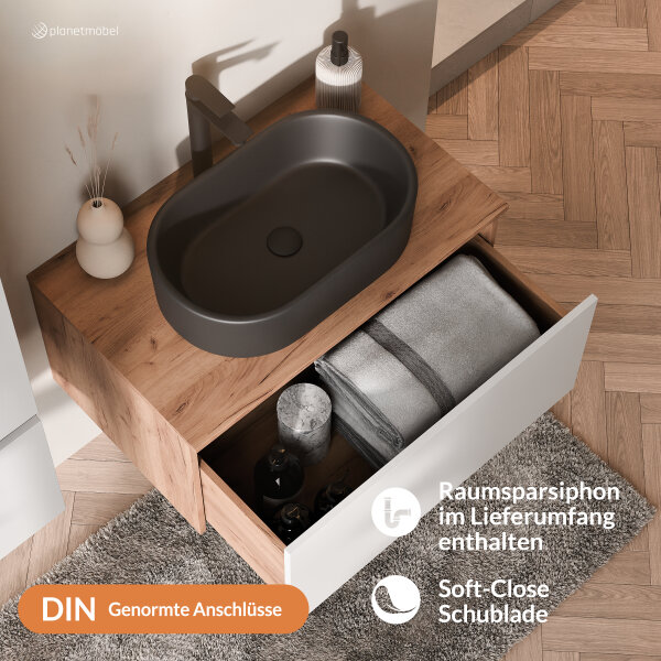 ARISA Badmöbel Set inkl. Hochschrank in Weiß – Mit Nova LED Spiegel und schwarzem Keramik-Aufsatzwaschbecken 55 cm