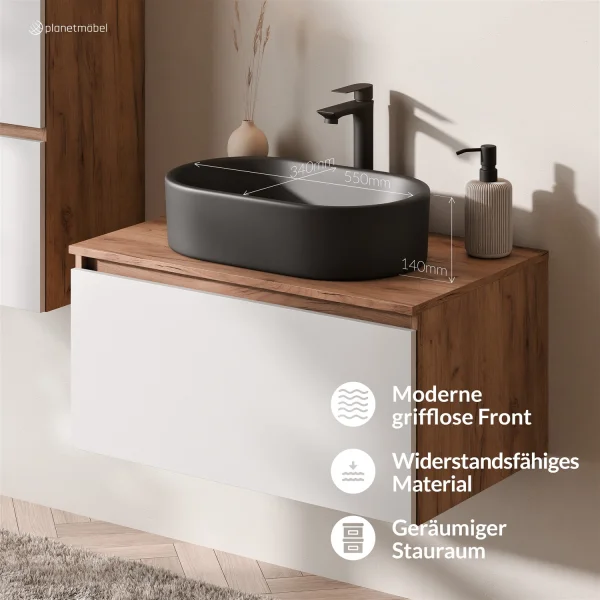 Ensemble de meubles de salle de bains ARISA avec armoire haute blanche – Avec miroir LED Nova et lavabo à poser en céramique noire de 55 cm