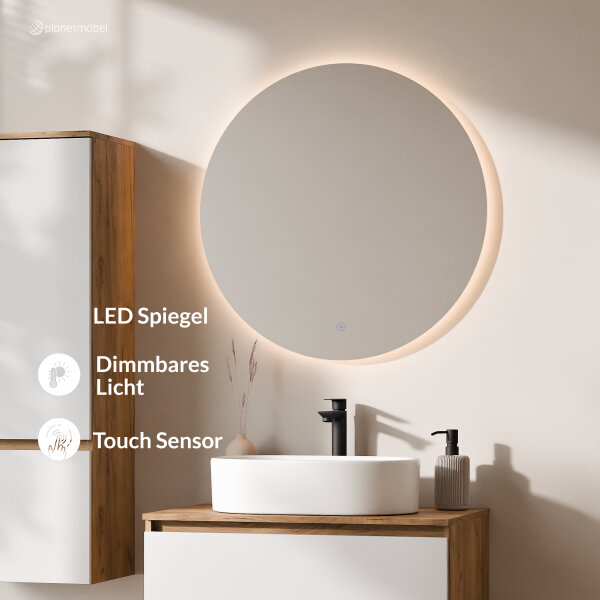 ARISA Badmöbel Set inkl. Hochschrank in Weiß – Mit Nova LED Spiegel und weißem Keramik-Aufsatzwaschbecken 55 cm