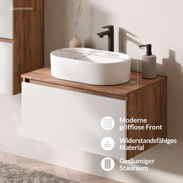 ARISA Badmöbel Set inkl. Hochschrank in Weiß – Mit Nova LED Spiegel und weißem Keramik-Aufsatzwaschbecken 55 cm