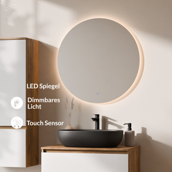 ARISA Badmöbel Set inkl. Hochschrank in Weiß – Mit Nova LED Spiegel und schwarzem Keramik-Aufsatzwaschbecken 60 cm