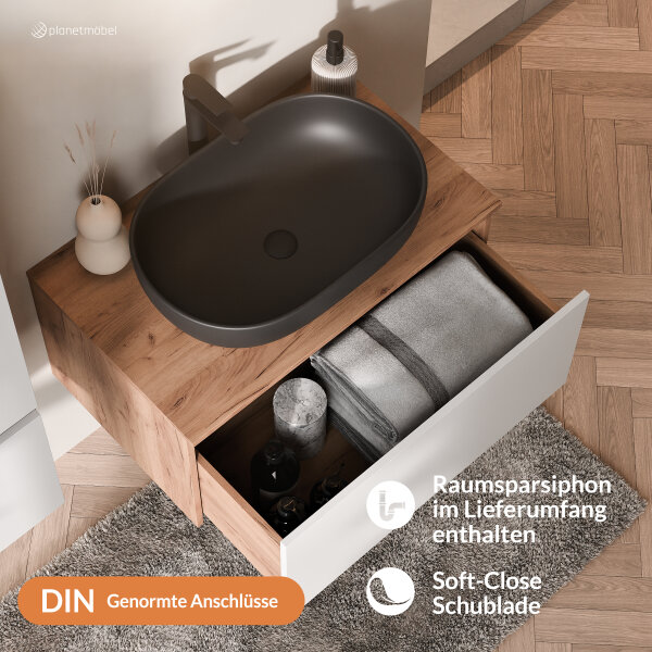 ARISA Badmöbel Set inkl. Hochschrank in Weiß – Mit Nova LED Spiegel und schwarzem Keramik-Aufsatzwaschbecken 60 cm