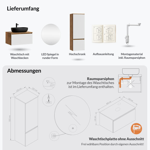 ARISA Badmöbel Set inkl. Hochschrank in Weiß – Mit Nova LED Spiegel und schwarzem Keramik-Aufsatzwaschbecken 60 cm