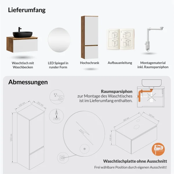Ensemble de meubles de salle de bains ARISA avec armoire haute blanche – Avec miroir Nova à LED et lavabo à poser en céramique noire de 60 cm