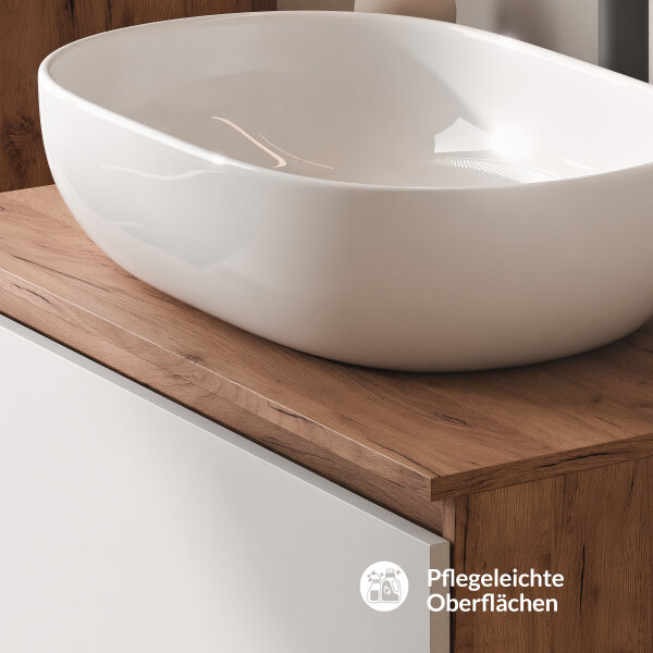 ARISA Badmöbel Set inkl. Hochschrank in Weiß – Mit Nova LED Spiegel und weißem Keramik-Aufsatzwaschbecken 60 cm