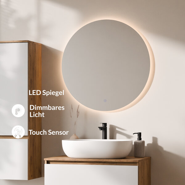 ARISA Badmöbel Set inkl. Hochschrank in Weiß – Mit Nova LED Spiegel und weißem Keramik-Aufsatzwaschbecken 60 cm