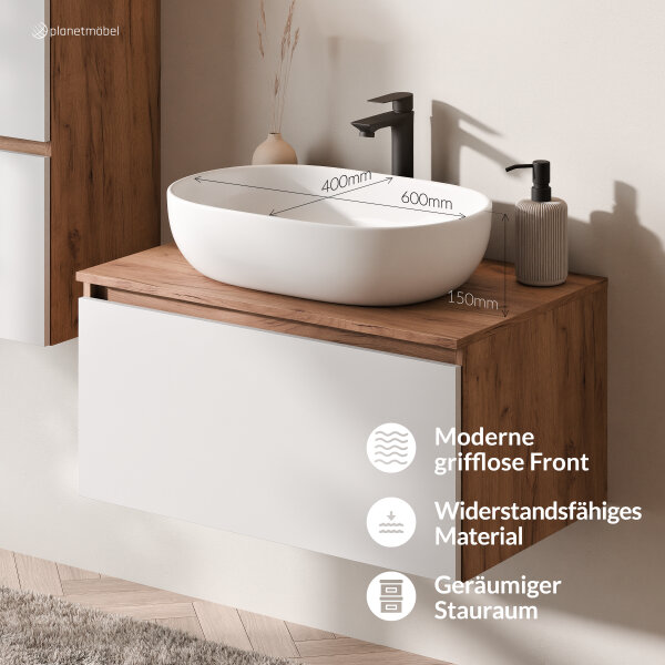 ARISA Badmöbel Set inkl. Hochschrank in Weiß – Mit Nova LED Spiegel und weißem Keramik-Aufsatzwaschbecken 60 cm