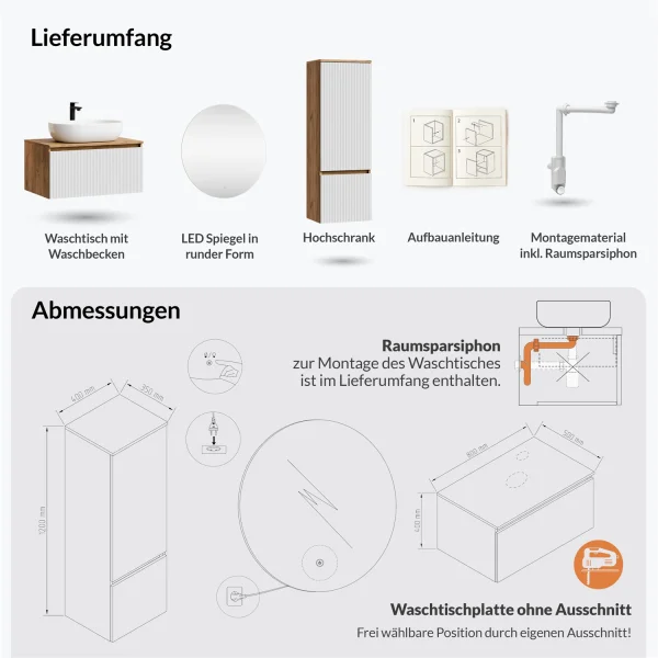 Ensemble de meubles de salle de bains ARISA avec armoire haute blanche – Avec miroir Nova à LED et lavabo à poser en céramique blanche de 60 cm