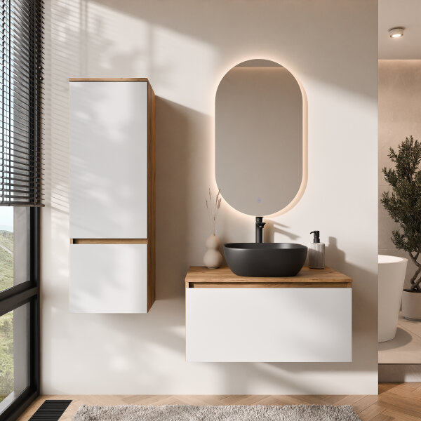 ARISA Badmöbel Set inkl. Hochschrank in Weiß - Mit LED Spiegel und schwarzem Keramik-Aufsatzwaschbecken 42 cm