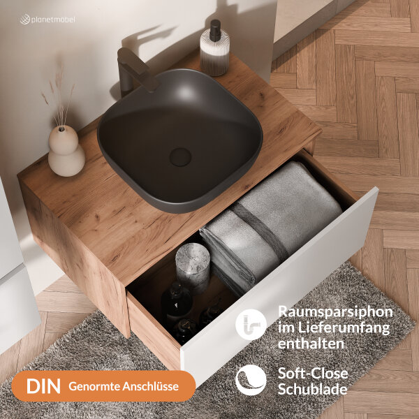 ARISA Badmöbel Set inkl. Hochschrank in Weiß - Mit LED Spiegel und schwarzem Keramik-Aufsatzwaschbecken 42 cm